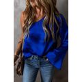 Dark Blue Asymmetric One Shoulder Bell Sleeve S...
