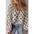 White Printed Split Neck Bubble Sleeve Loose Bl...