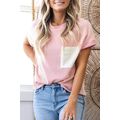 Pink Corded Knit Color Block Pocketed Crew Neck...