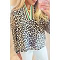 Khaki Leopard Print Contrast Striped V Neck Blouse