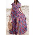 Blue Floral Print V Neck Wrap Split Maxi Dress
