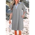 Black Stripe Contrast V Neck Collared Puff Slee...