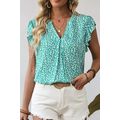 Green Notched V Neck Leopard Ruffle Short Sleev...