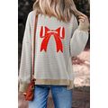 Brown Stripe Chenille Bow Patched Drop Shoulder...