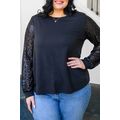 Black Sequin Contrast Long Sleeve Plus Size Top