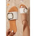 Beige Buckle Decor Linen Upper Flat Slippers
