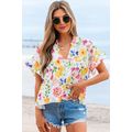 Yellow Floral Boxy Fit Ruffled Short Sleeve V N...