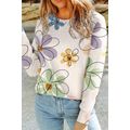 Beige Flower Print Crew Neck Long Sleeve T Shirt