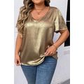 Gold Plus Size Metallic V Neck Short Sleeve Blouse