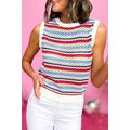 White Colorful Stripe Scalloped Trim Sweater Vest