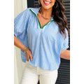 Sky Blue Striped Print Contrast Split Neck Dolm...
