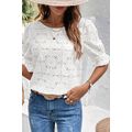 White Flower Eyelet Jacquard Keyhole Flounce Sl...