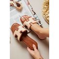 Coffee Faux Raffia Detail Hollowed Open Toe Sli...
