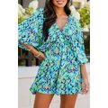 Green Abstract Print Puff Sleeve V Neck High Wa...