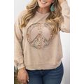 Pale Khaki Floral Peace Sign Graphic Washed Ter...