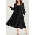 Black Lace-up Ruched Front Long Sleeve Ruffle H...