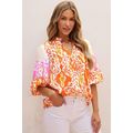 Orange Leopard Colorblock Puff Sleeve Split Nec...