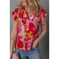 Red Abstract Print Split V Neck Ruffle Short Sl...