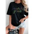 Black Rhinestone Mardi Gras Letter Graphic T Shirt