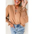 Straw Yellow Solid Color Shirred Cuff Notch V N...