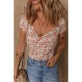 Orange Short Sleeve Floral Ruched Sweetheart Bo...