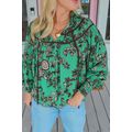 Green Leaves Print Contrast Trim V Neck Shirred...