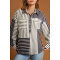 Black Stripe 2-tone Patchwork Half Buttons Ches...