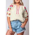 Beige Floral Embroidered Ricrac Puff Sleeve Tex...