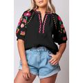 Black Floral Embroidered Ricrac Puff Sleeve Tex...