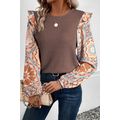 Coffee Ruffled Floral Sleeve Patchwork Waffle K...