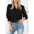 Black Solid Surplice Neck Shirred Cuffs Draped ...