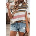 Pink Stripe Color Block Eyelet Knit Short Sleev...