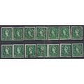 GB 1952 - 54 QE2 1 1/2d x 14 Green used stamps ...