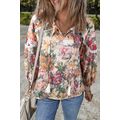 Pink Floral Print Lace Embroidery Tie Split Nec...